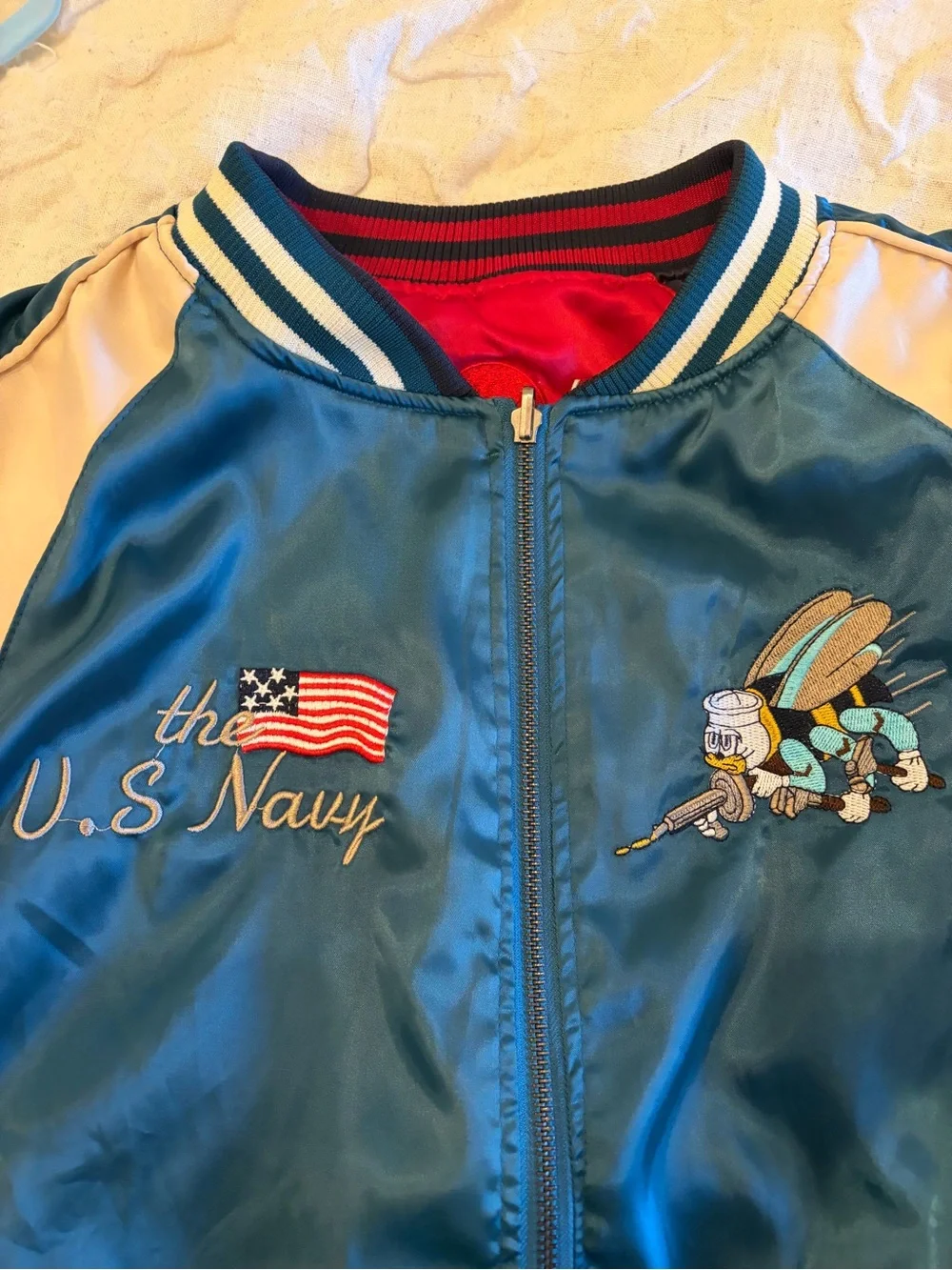 Unisex Reversible Sukajan / Satin Bomber Jacket.- Teal and Cream /Red and Navy